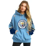 Customized Manchester City Striped Sleeves Sky Blue Hoodie Best Selling