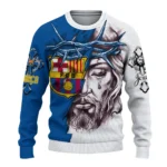 Personalized Barcelona Jesus Tears Blue White Sweater Best Selling