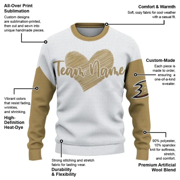 Anaheim Ducks Sweater Custom Heart Sketch Gold White New Arrival