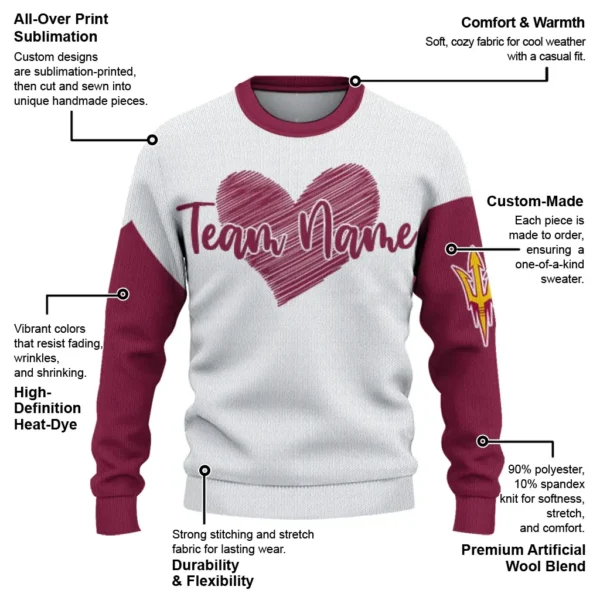 Arizona State Sun Devils Sweater Customized Heart Sketch Maroon White New Arrival