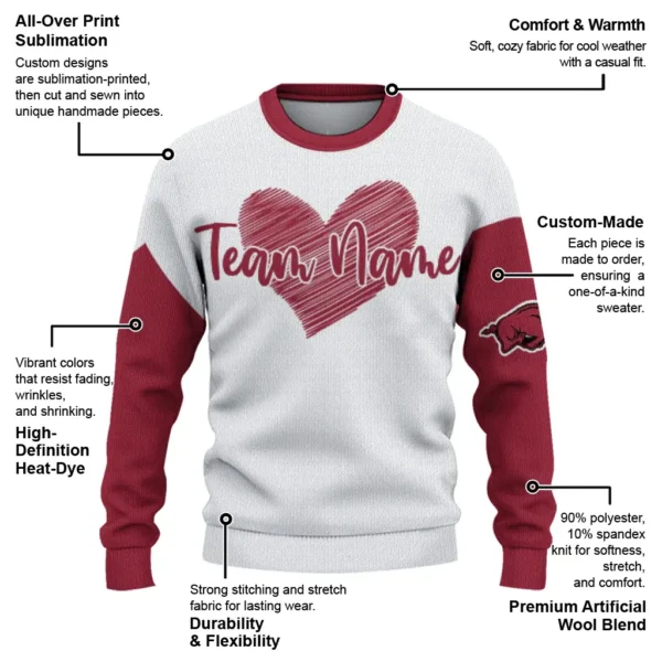 Arkansas Razorbacks Sweater Custom Heart Sketch Red White New Arrival
