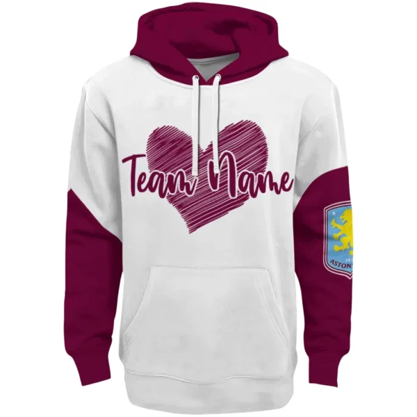 Aston Villa Hoodie Customized Scribble Heart Claret White Best Selling