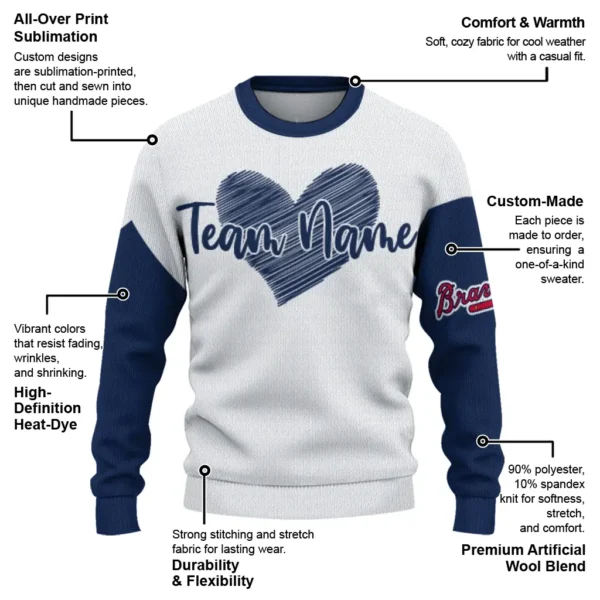 Atlanta Braves Sweater Customized Heart Sketch Navy White New Arrival