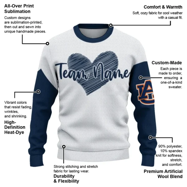 Auburn Tigers Sweater Customized Heart Sketch Navy Blue White New Arrival