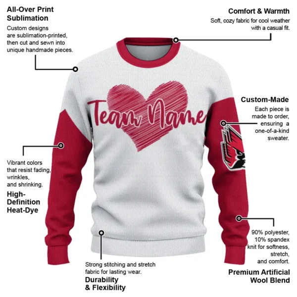 Ball State Cardinals Sweater Personalized Heart Sketch Red White New Arrival