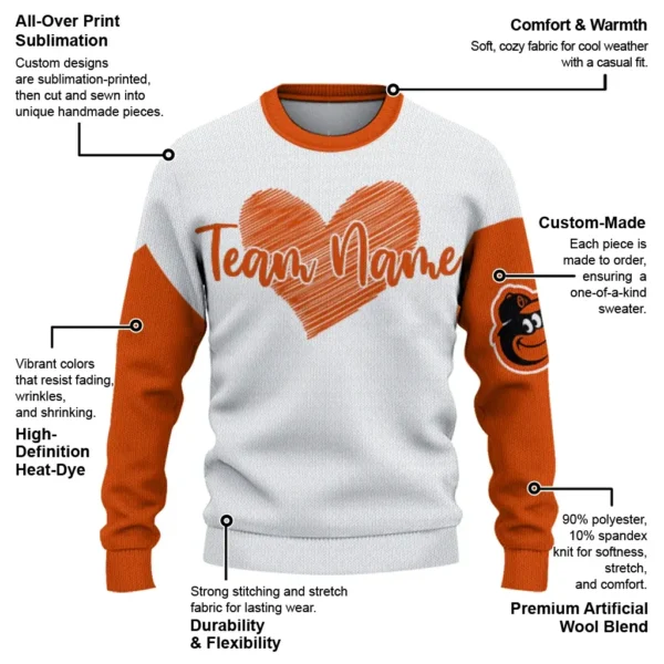 Baltimore Orioles Sweater Personalized Heart Sketch Orange White New Arrival