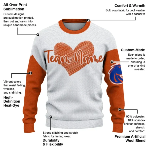 Boise State Broncos Sweater Customized Heart Sketch Orange White New Arrival