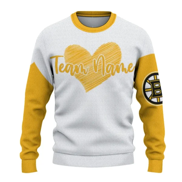 Boston Bruins Sweater Personalized Heart Sketch Gold White Best Selling