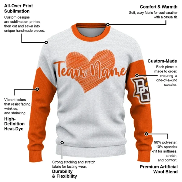 Bowling Green Falcons Sweater Customized Heart Sketch Orange White New Arrival