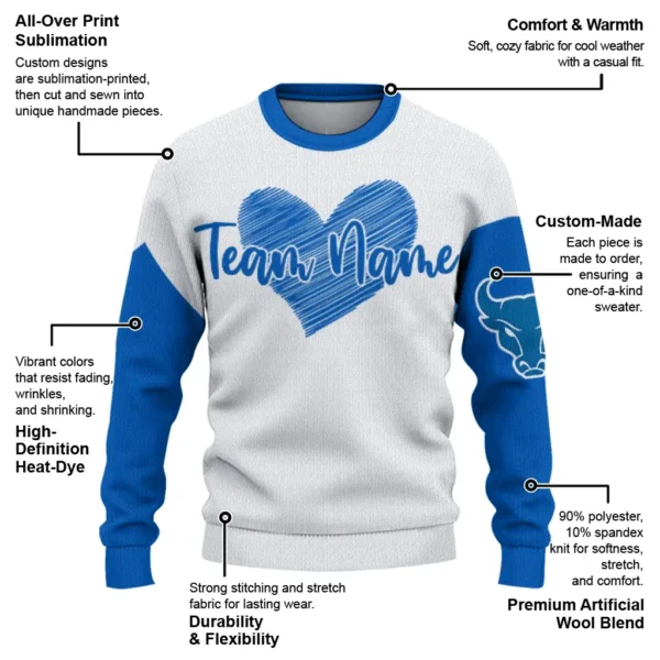Buffalo Bulls Sweater Custom Heart Sketch Royal Blue White New Arrival