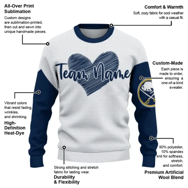 Buffalo Sabres Sweater Custom Heart Sketch Navy Blue White New Arrival