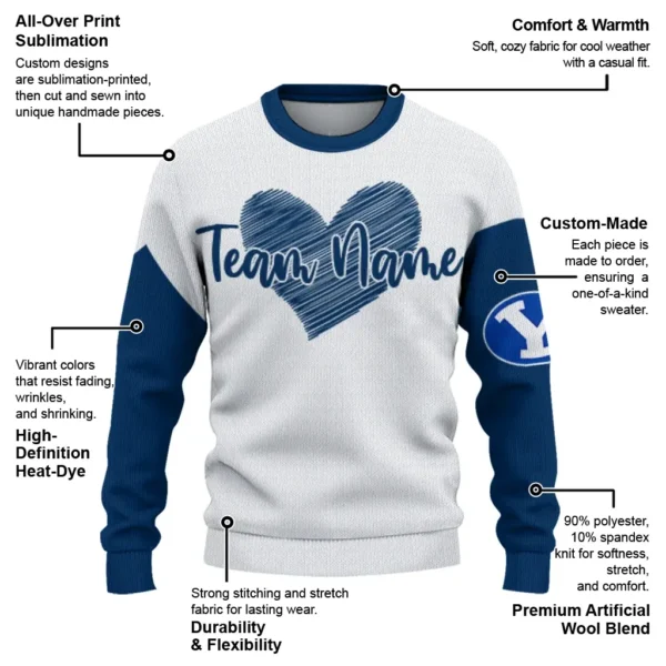 Byu Cougars Sweater Personalized Heart Sketch Blue White New Arrival