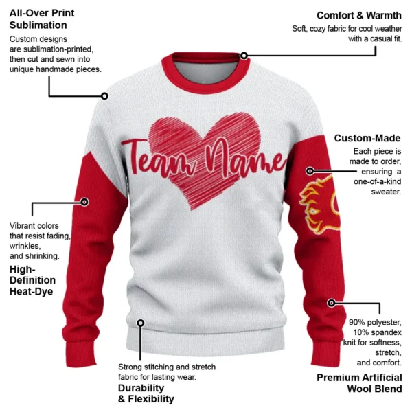 Calgary Flames Sweater Customized Heart Sketch Red White New Arrival