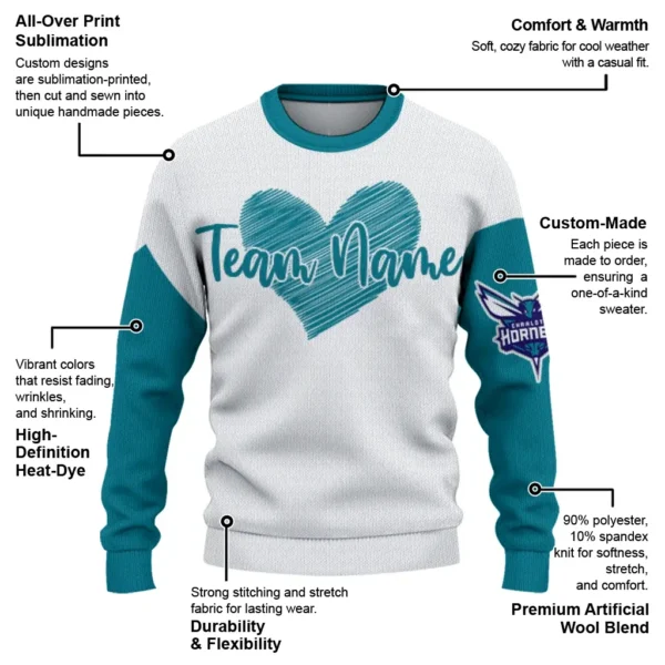 Charlotte Hornets Sweater Customized Heart Sketch Teal White New Arrival