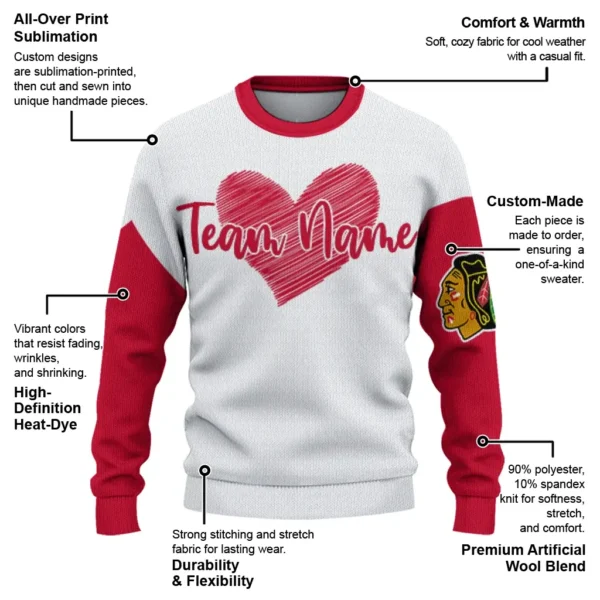 Chicago Blackhawks Sweater Custom Heart Sketch Red White New Arrival