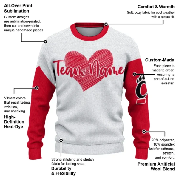 Cincinnati Bearcats Sweater Customized Heart Sketch Red White New Arrival
