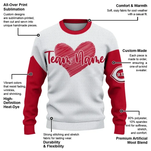 Cincinnati Reds Sweater Custom Heart Sketch Red White New Arrival