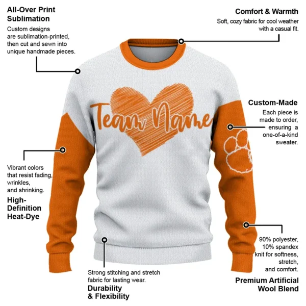 Clemson Tigers Sweater Personalized Heart Sketch Orange White New Arrival