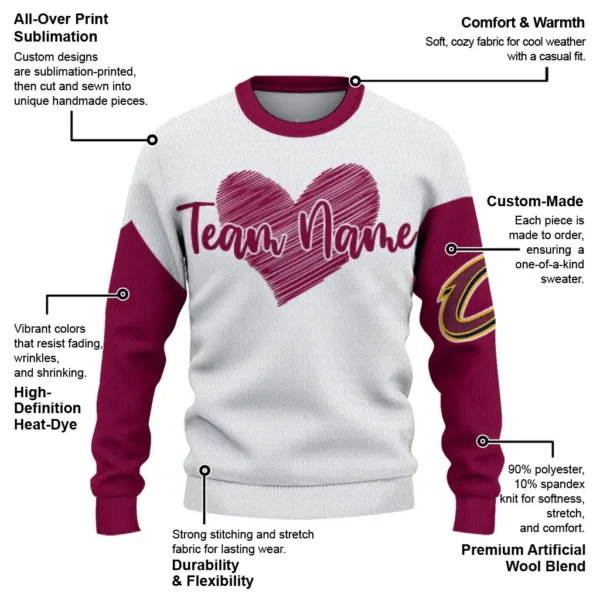 Cleveland Cavaliers Sweater Personalized Heart Sketch Wine White New Arrival