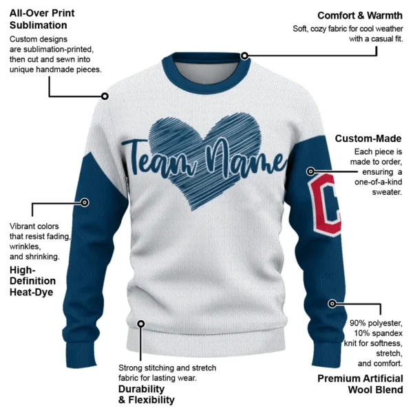 Cleveland Guardians Sweater Customized Heart Sketch Navy Blue White New Arrival