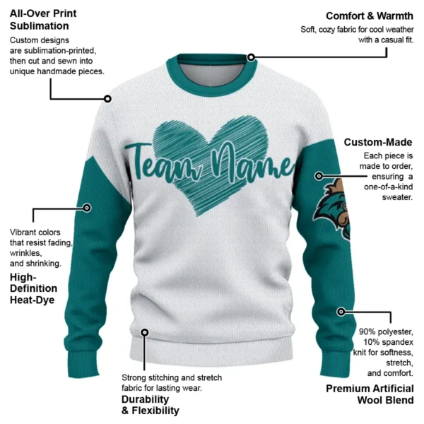 Coastal Carolina Chanticleers Sweater Custom Heart Sketch Green White New Arrival
