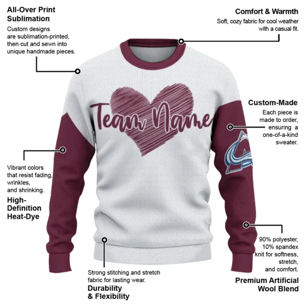 Colorado Avalanche Sweater Customized Heart Sketch Burgundy White New Arrival