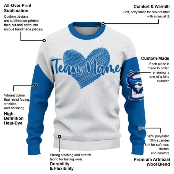 Creighton Bluejays Sweater Customized Heart Sketch Blue White New Arrival