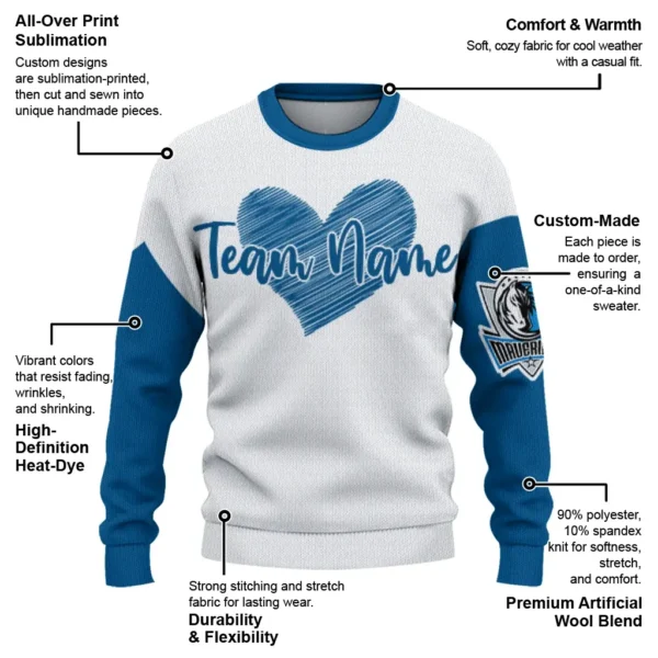 Dallas Mavericks Sweater Custom Heart Sketch Blue White New Arrival