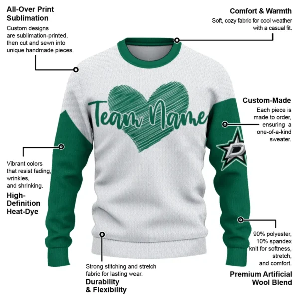 Dallas Stars Sweater Custom Heart Sketch Green White New Arrival