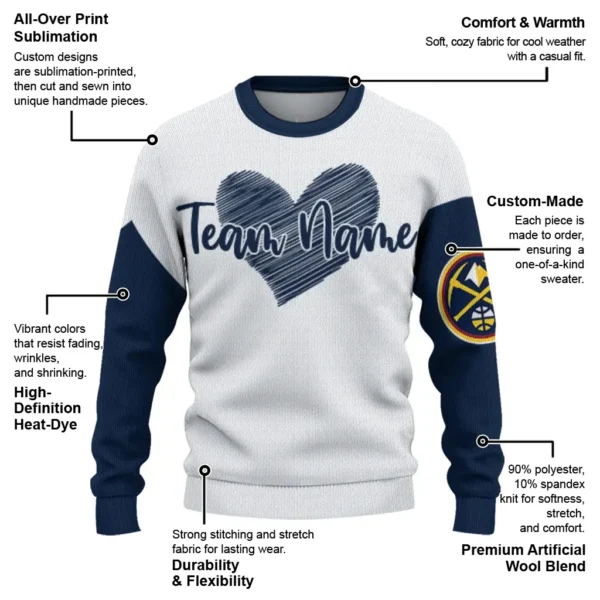 Denver Nuggets Sweater Personalized Heart Sketch Blue White New Arrival