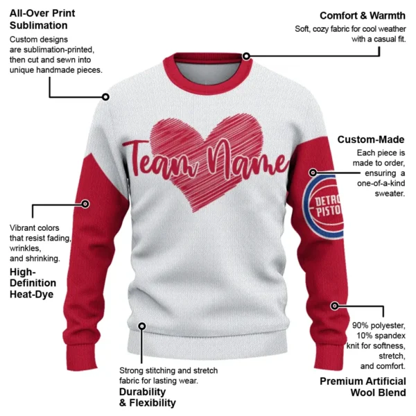 Detroit Pistons Sweater Custom Heart Sketch Red White New Arrival