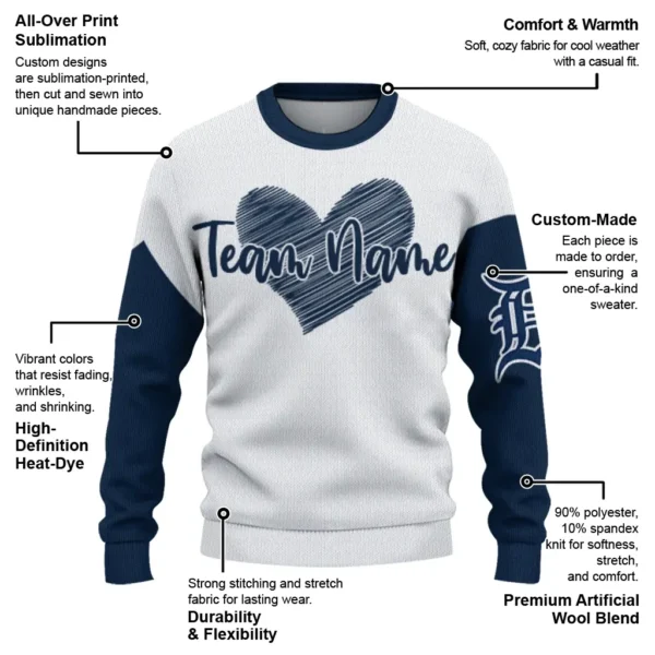 Detroit Tigers Sweater Custom Heart Sketch Navy White New Arrival