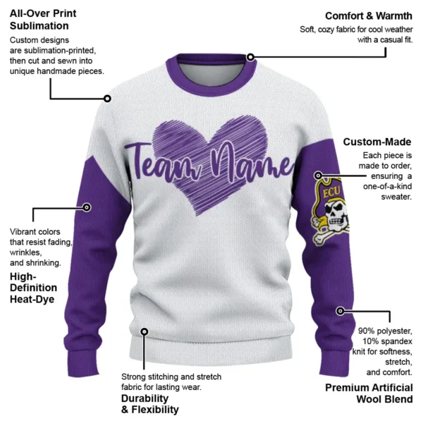 East Carolina Pirates Sweater Personalized Heart Sketch Purple White New Arrival