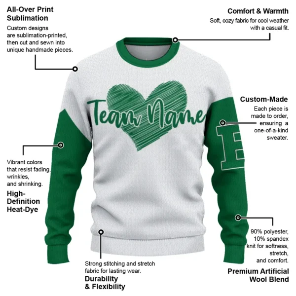 Eastern Michigan Eagles Sweater Personalized Heart Sketch Green White New Arrival