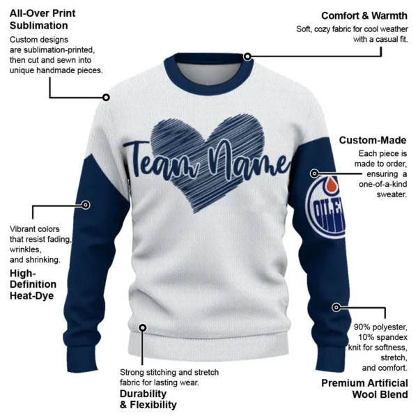 Edmonton Oilers Sweater Personalized Heart Sketch Blue White New Arrival