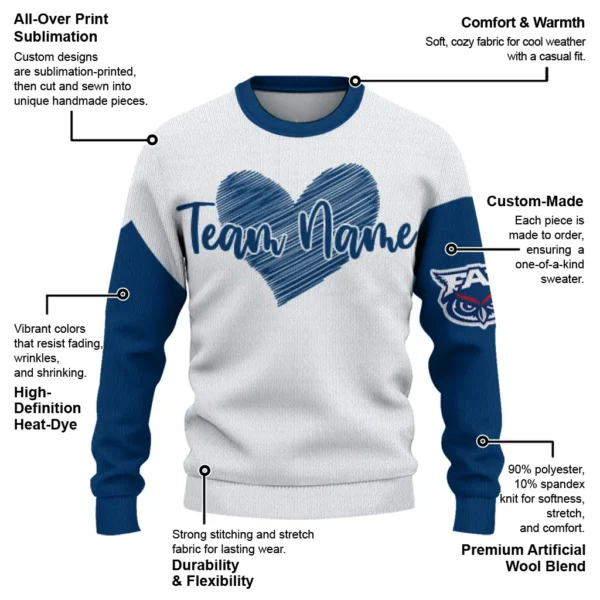 Florida Atlantic Owls Sweater Personalized Heart Sketch Blue White New Arrival