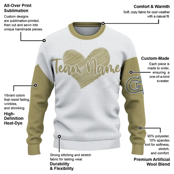 Georgia Tech Yellow Jackets Sweater Customized Heart Sketch Gold White New Arrival