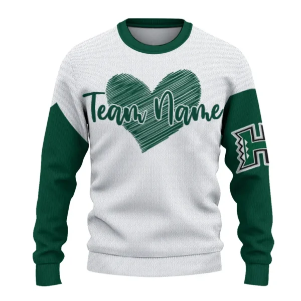 Hawaii Rainbow Warriors Sweater Customized Heart Sketch Green White Best Selling