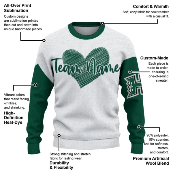 Hawaii Rainbow Warriors Sweater Customized Heart Sketch Green White New Arrival