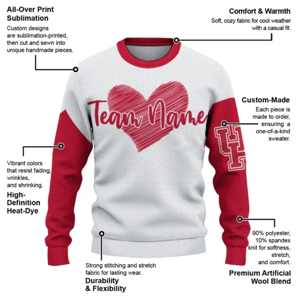 Houston Cougars Sweater Personalized Heart Sketch Red White New Arrival