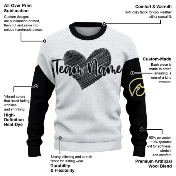 Iowa Hawkeyes Sweater Personalized Heart Sketch Black White New Arrival