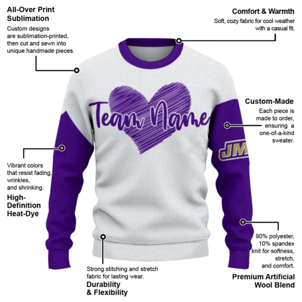 James Madison Dukes Sweater Personalized Heart Sketch Purple White New Arrival