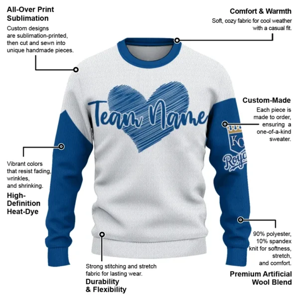Kansas City Royals Sweater Personalized Heart Sketch Royal Blue White New Arrival