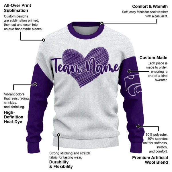 Kansas State Wildcats Sweater Personalized Heart Sketch Purple White New Arrival