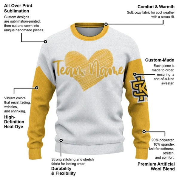 Kennesaw State Owls Sweater Personalized Heart Sketch Gold White New Arrival