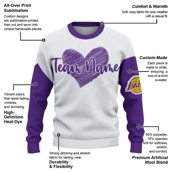 Los Angeles Lakers Sweater Customized Heart Sketch Purple White New Arrival