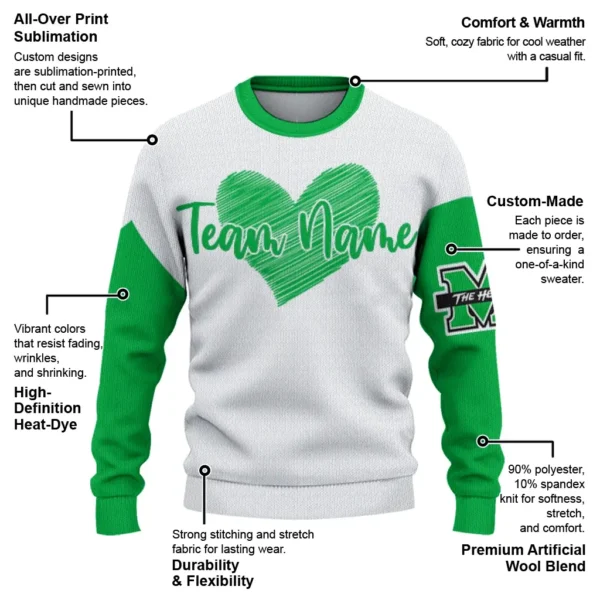 Marshall Thundering Herd Sweater Customized Heart Sketch Green White New Arrival