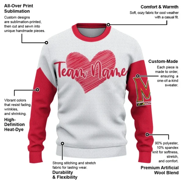 Maryland Terrapins Sweater Personalized Heart Sketch Red White New Arrival