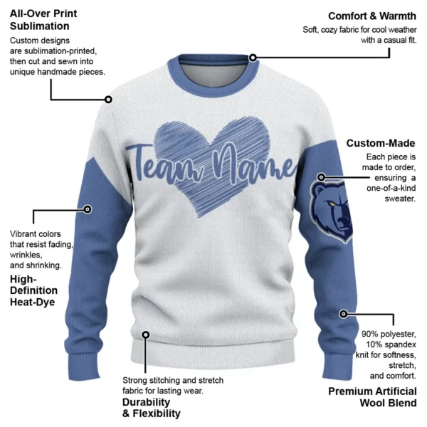 Memphis Grizzlies Sweater Customized Heart Sketch Blue White New Arrival