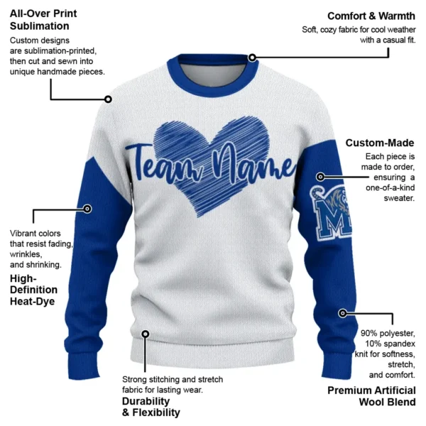 Memphis Tigers Sweater Customized Heart Sketch Blue White New Arrival